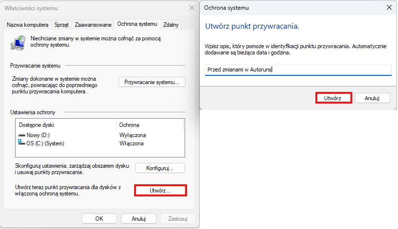 Tworzenie punktu przywracania systemu w Windows przed użyciem aplikacji Autoruns